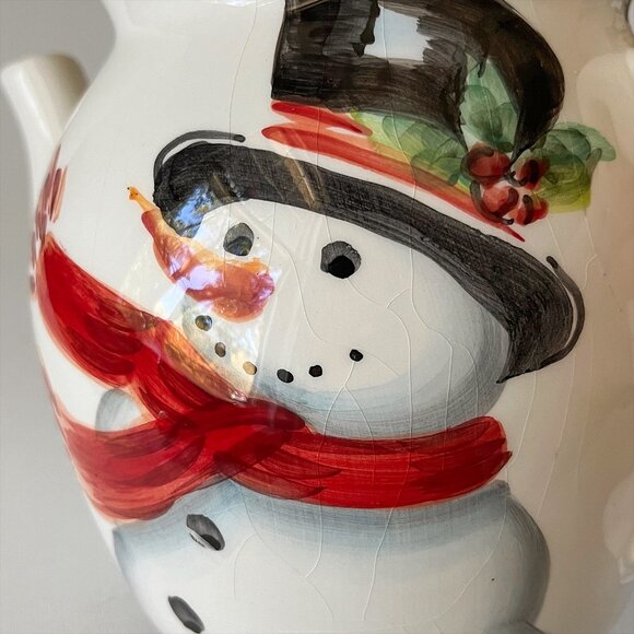 Vintage Hand Painted Christmas Teapot Top Hat Snowman Holly Berries by Maxcera - Picture 6 of 8